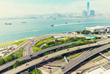 Fototapeta premium Large highway junction in Hong-Kong, China, with traffic.