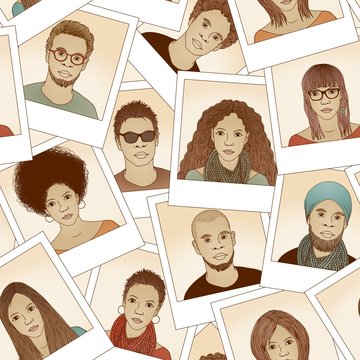 Seamless pattern of hand drawn photographs (same man and woman with different hair styles)