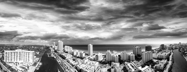 Black and white panoramic aerial view of Miami South Beach