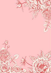 Peonies and roses. Wedding card. Vector illustration.