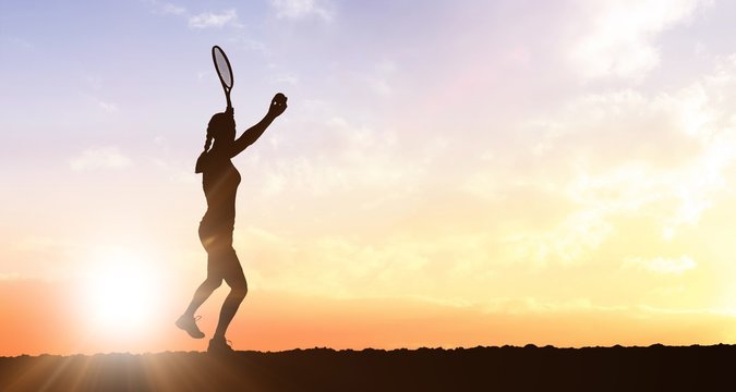 Composite image of female athlete playing tennis