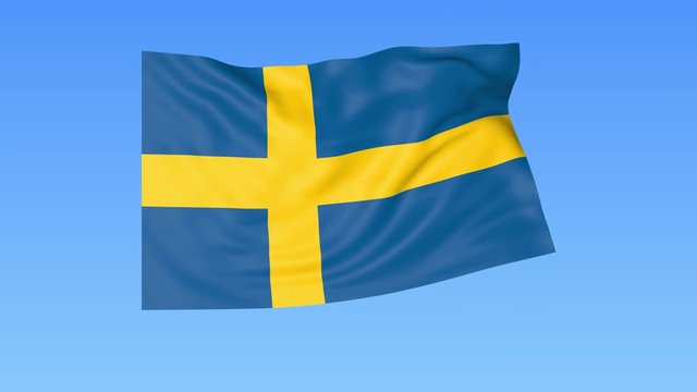 Waving flag of Sweden, seamless loop. Exact size, blue background. Part of all countries set. 4K ProRes with alpha