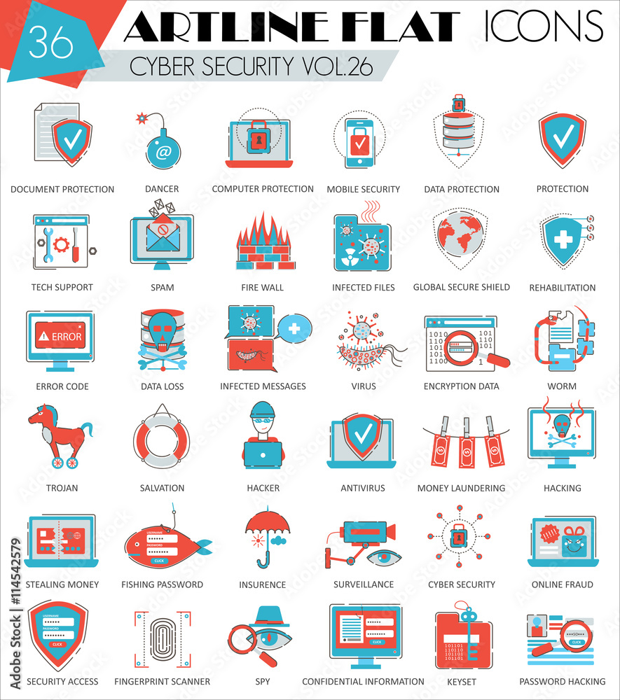 Poster vector cyber security ultra modern outline artline flat line icons for web and apps.