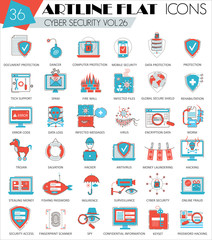 Naklejka premium Vector Cyber security ultra modern outline artline flat line icons for web and apps.