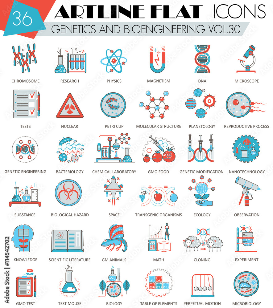 Poster vector genetics and bioengineering ultra modern outline artline flat line icons for web and apps.