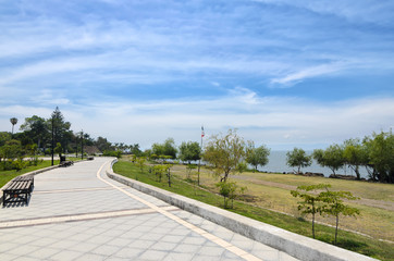 Paved pedestrian road along Chapala lake on a sunny day 