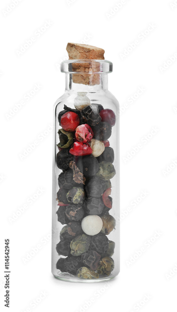 Sticker Aromatic allspice in glass bottle on white background