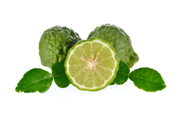 whole and half cut Bergamot with lime leaf on the white backgrou