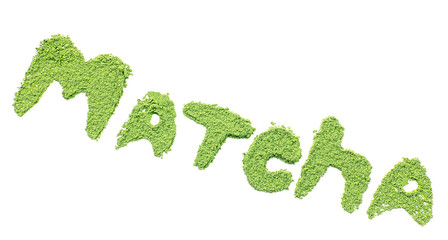 Matcha word by powdered matcha green tea, isolated on white