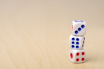 Dices on Wooden Background, Selective Focus