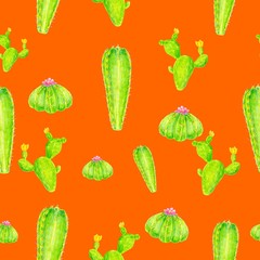 Colored pencil tropical raster pattern with orange background Cactus. Nature ornament. seamless pattern.