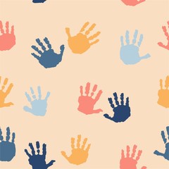 Watercolor colored kids hand print on beige background. Kids hand print. Isolated imprint of children s hands. Seamless pattern with children s hand print.