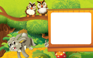 Obraz na płótnie Canvas Cartoon farm scene - happy rabbit is running to the finish line - space for text - illustration for children
