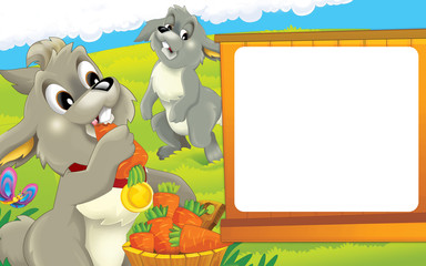 Obraz na płótnie Canvas Cartoon farm scene - happy rabbit is eating carrots - space for text - illustration for children