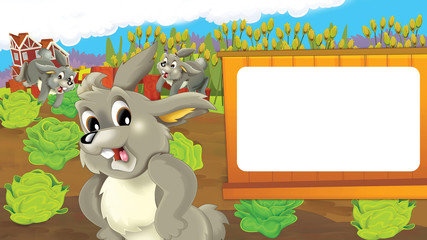 Obraz na płótnie Canvas Cartoon farm scene - happy rabbit is standing and looking the vegetable garden - space for text - illustration for children