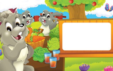 Obraz na płótnie Canvas Cartoon farm scene - happy rabbit is looking and eating - space for text - illustration for children