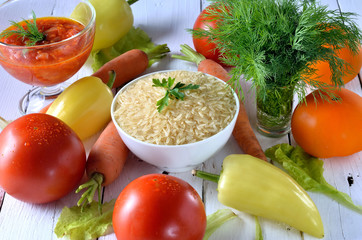 Healthy food, different vegetables for cooking pilaf.