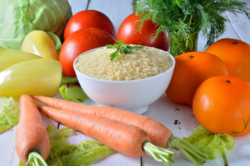Healthy food, different vegetables for cooking pilaf.