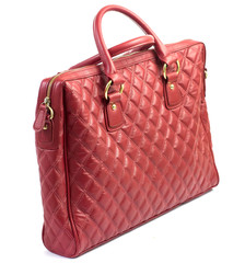 Red women's leather shoulder bag briefcase, isolated on white background