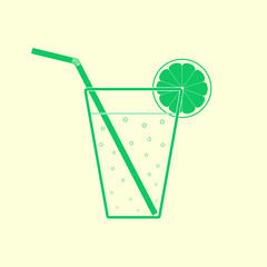 Green glass of lemonade with straw and lemon slice. Flat icon.