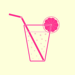 Pink glass of lemonade with straw and lemon slice. Flat icon.