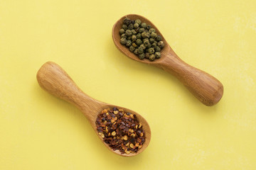Wood spoons on yellow background