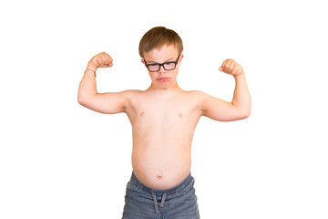 Fototapeta premium Boy With Downs Syndrome Flexing His Muscles