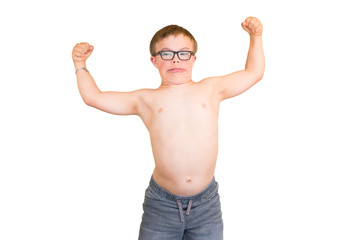 Boy With Downs Syndrome Flexing His Muscles