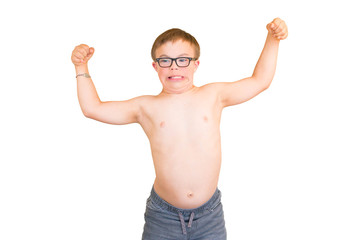 Fototapeta premium Boy With Downs Syndrome Flexing His Muscles