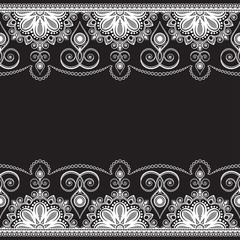 Mehndi line lace element with flowers in Indian style pattern card for tattoo on black background