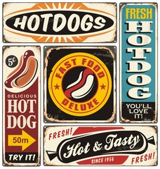 Vintage signs collection with hotdogs on old damaged metal background