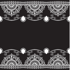 Indian, Mehndi Henna line lace element with flowers pattern card for tattoo on black background