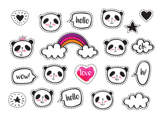 Set of stickers with cute pandas and bubbles. Badges for clothing. Doodles, sketch for your design. Hand drawing. Vector.