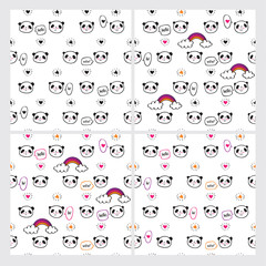 Set of seamless patterns with cute pandas, rainbows, speech bubbles, hearts and stars. Wrapping paper, cloth. Sketch, doodles, design elements. Hand drawing. Vector.