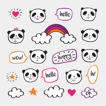 Set of stickers with cute pandas and bubbles. Badges for clothing. Doodles, sketch for your design. Hand drawing. Vector.
