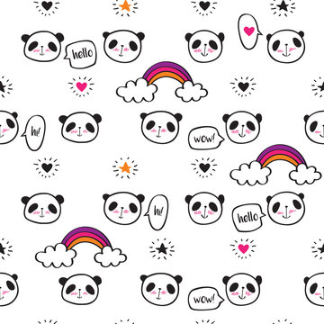 Seamless pattern with cute pandas, rainbows, speech bubbles, hearts and stars. Wrapping paper, cloth. Sketch, doodles, design elements. Hand drawing. Vector.