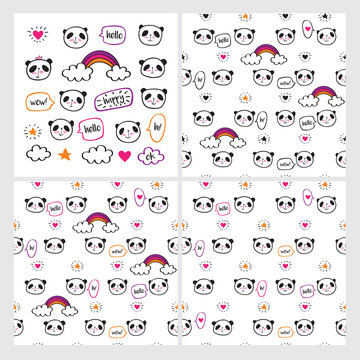 Set of cute pandas, rainbows, speech bubbles, hearts and stars. Three seamless patterns. Wrapping paper, cloth. Sketch, doodles, design elements. Hand drawing. Vector.