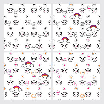 Set of seamless patterns with cute pandas, rainbows, speech bubbles, hearts and stars. Wrapping paper, cloth. Sketch, doodles, design elements. Hand drawing. Vector.