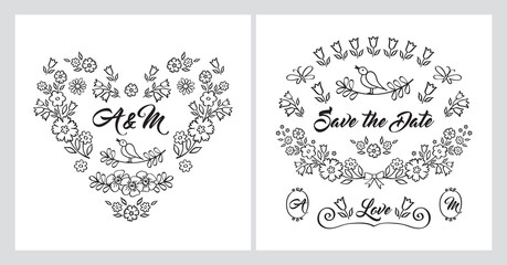 Set of wedding invitation cards. Doodles, sketch. Vector illustration.