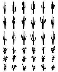 Black silhouettes of different cactus on a white background, vector