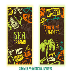 Obraz premium Summer time hand drawn doodle banner. vector symbols and objects with palm tree, glasses, bag and lettering
