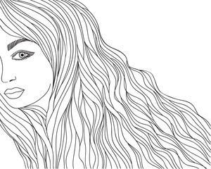 woman look with big lips and long, thick hair on a white background