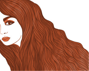 vector woman with beautiful makeup big eyes long hair painted with watercolors on white background