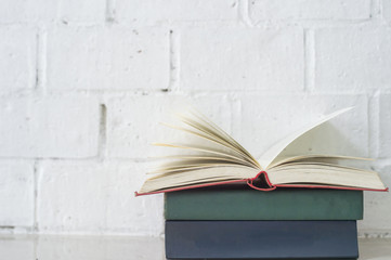 Books of different colors are on the shelf, concrete wall background