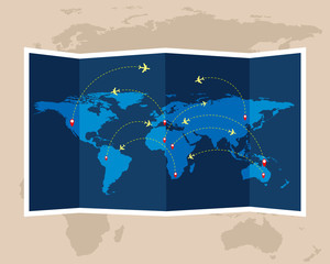 World travel map with airplanes. Folded maps. Vector illustration.