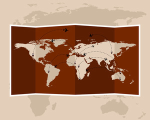 Vintage world map. Folded travel maps. Vector illustration.