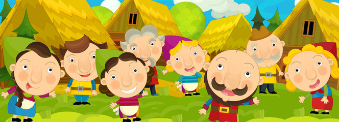 Cartoon scene in the old village - happy villagers altogether - background for different usage - for game or book - illustration for children - obrazy, fototapety, plakaty