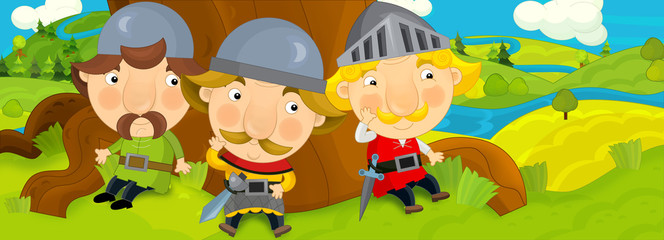 Cartoon scene of knights friends traveling on foot together - illustration for children