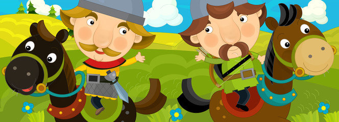 Naklejka premium Cartoon scene of knights friends traveling together - illustration for children