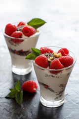 Yogurt with chia seeds, walnuts and raspberries